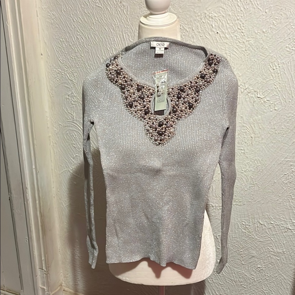 Women's Silver Sweater with Embellished Neckline